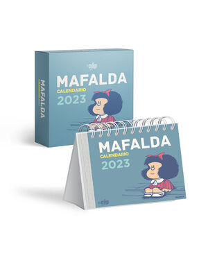 MAFALDA 2023, CALENDARIO ESCRITORIO AZUL CLARO CON CAJA